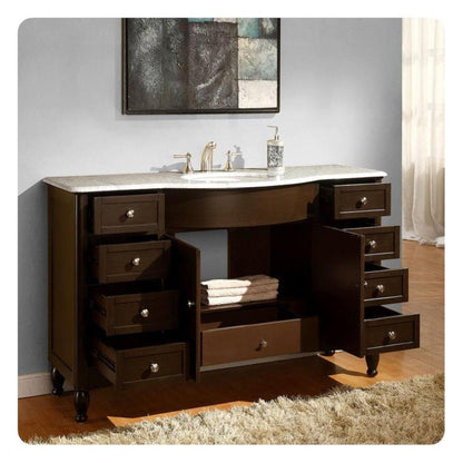 Silkroad Exclusive 58" Single Sink Dark Walnut Bathroom Vanity With Carrara White Marble Countertop and White Ceramic Undermount Sink - HYP-0717-WM-UWC-58