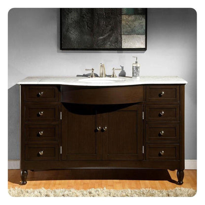 Silkroad Exclusive 58" Single Sink Dark Walnut Bathroom Vanity With Carrara White Marble Countertop and White Ceramic Undermount Sink - HYP-0717-WM-UWC-58