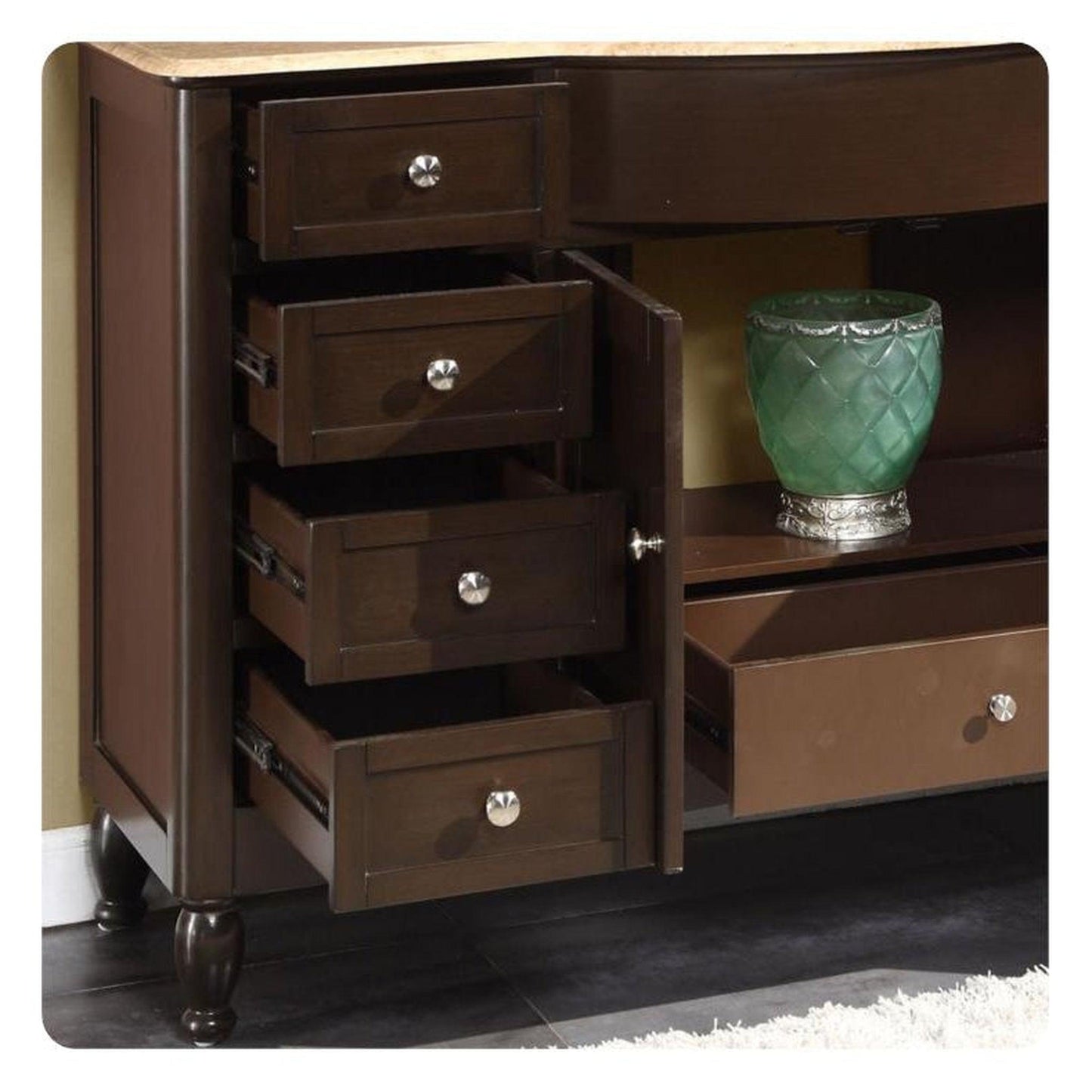 Silkroad Exclusive 58" Single Sink Dark Walnut Bathroom Vanity With Travertine Countertop and White Ceramic Undermount Sink - HYP-0717-T-UWC-58