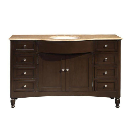 Silkroad Exclusive 58" Single Sink Dark Walnut Bathroom Vanity With Travertine Countertop and White Ceramic Undermount Sink - HYP-0717-T-UWC-58