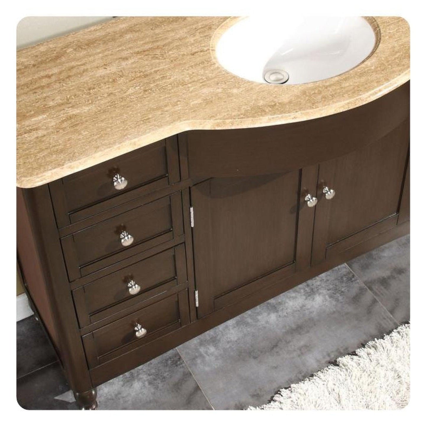 Silkroad Exclusive 58" Single Sink Dark Walnut Bathroom Vanity With Travertine Countertop and White Ceramic Undermount Sink - HYP-0717-T-UWC-58