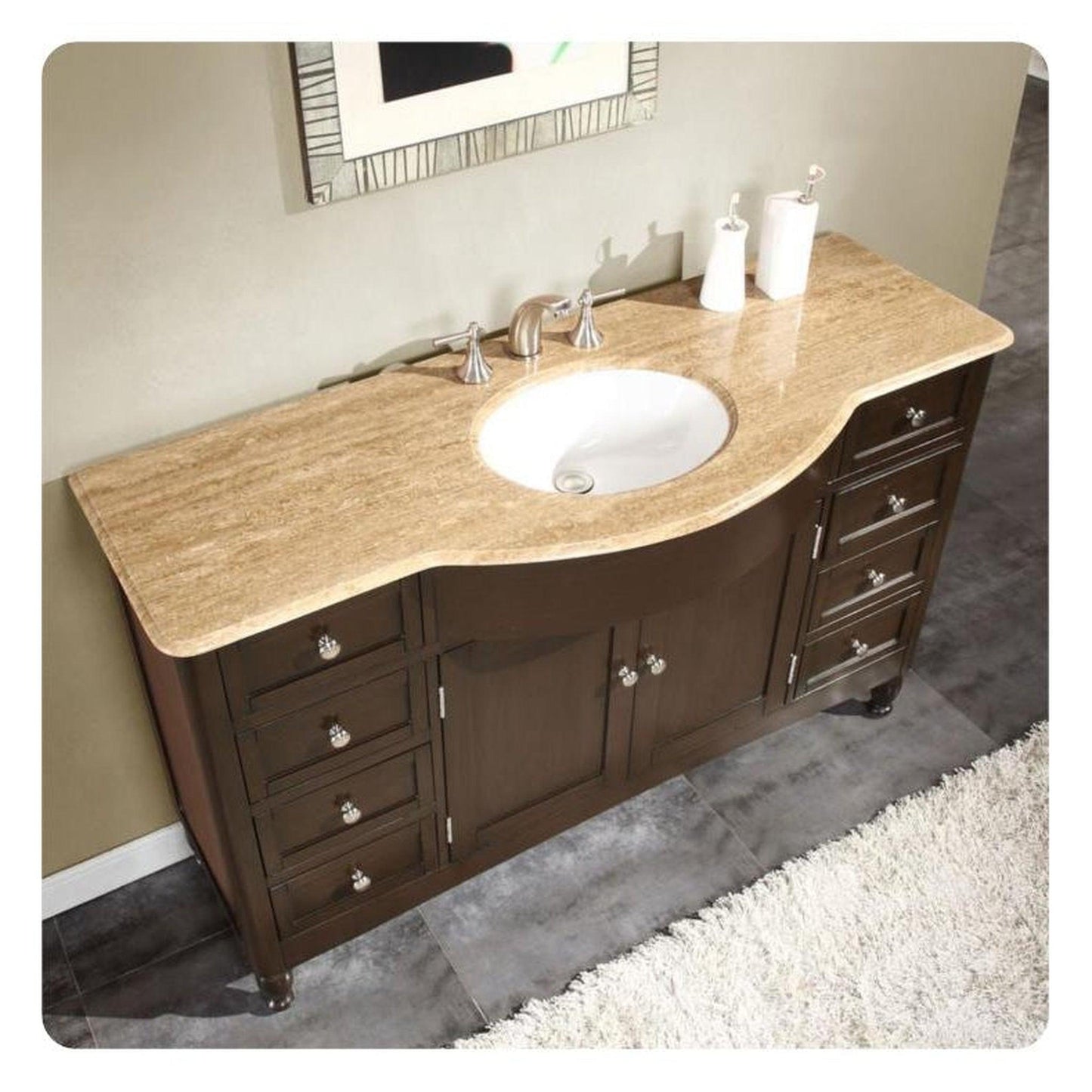 Silkroad Exclusive 58" Single Sink Dark Walnut Bathroom Vanity With Travertine Countertop and White Ceramic Undermount Sink - HYP-0717-T-UWC-58