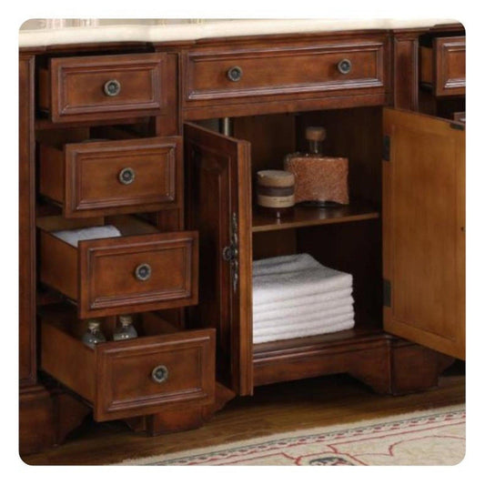 Silkroad Exclusive 59" Single Sink English Chestnut Vanity, Crema Marfil Marble Top, White Undermount Sink - WFH-0199-CM-UWC-58