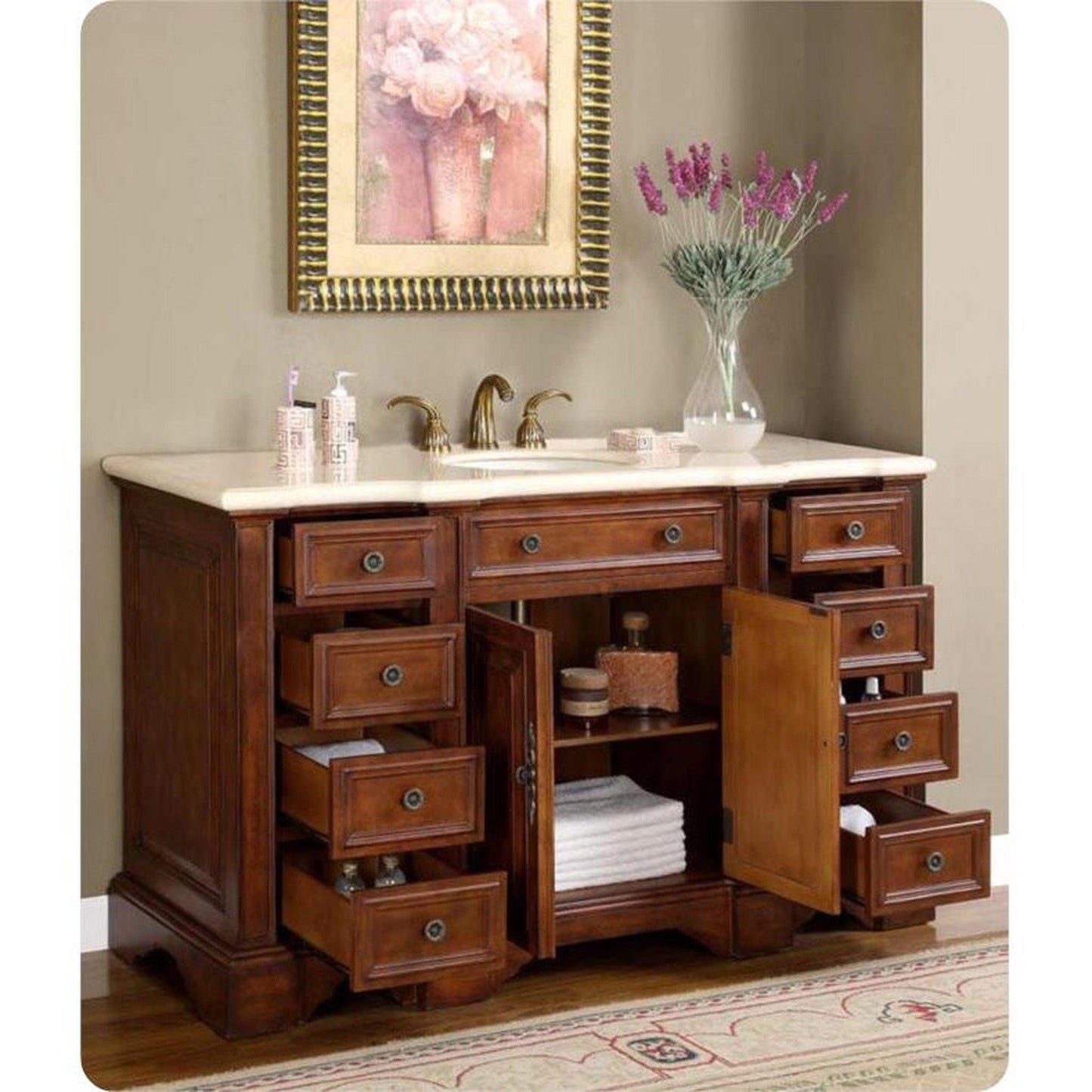 Silkroad Exclusive 59" Single Sink English Chestnut Vanity, Crema Marfil Marble Top, White Undermount Sink - WFH-0199-CM-UWC-58