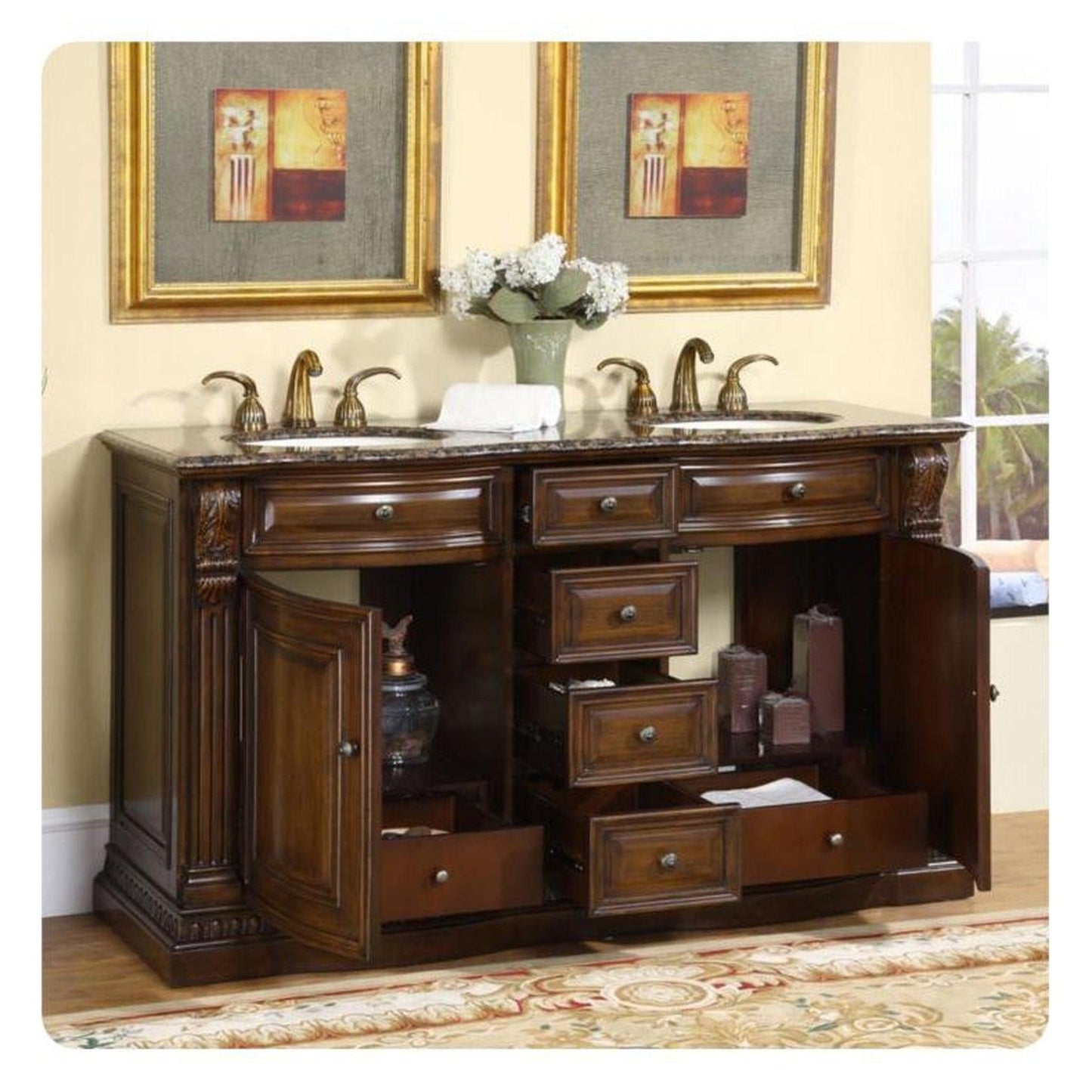 Silkroad Exclusive 60" Double Sink American Walnut Bathroom Vanity, Baltic Brown Granite Countertop, Ivory Ceramic Undermount Sink - HYP-0712-BB-UIC-60