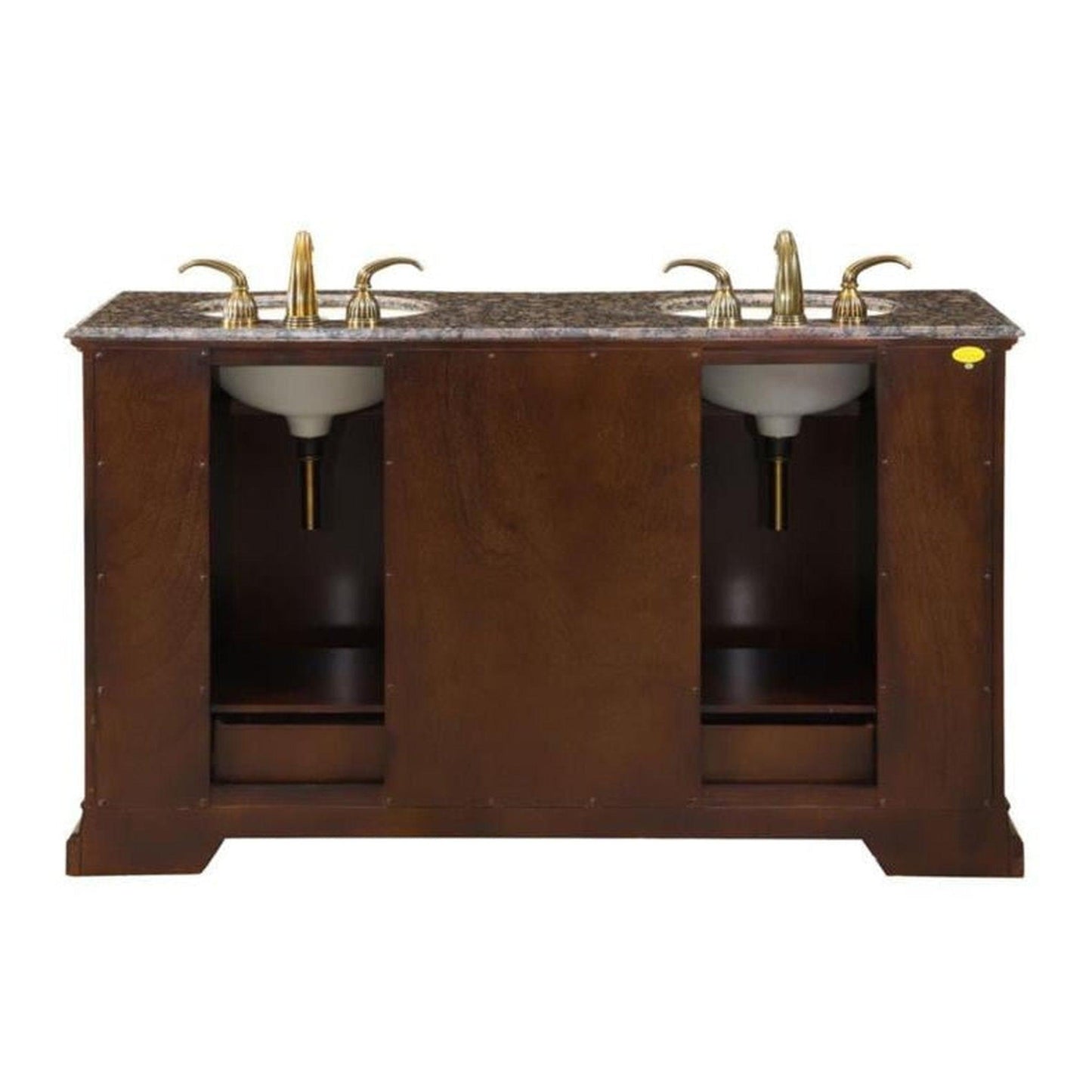 Silkroad Exclusive 60" Double Sink American Walnut Bathroom Vanity, Baltic Brown Granite Countertop, Ivory Ceramic Undermount Sink - HYP-0712-BB-UIC-60