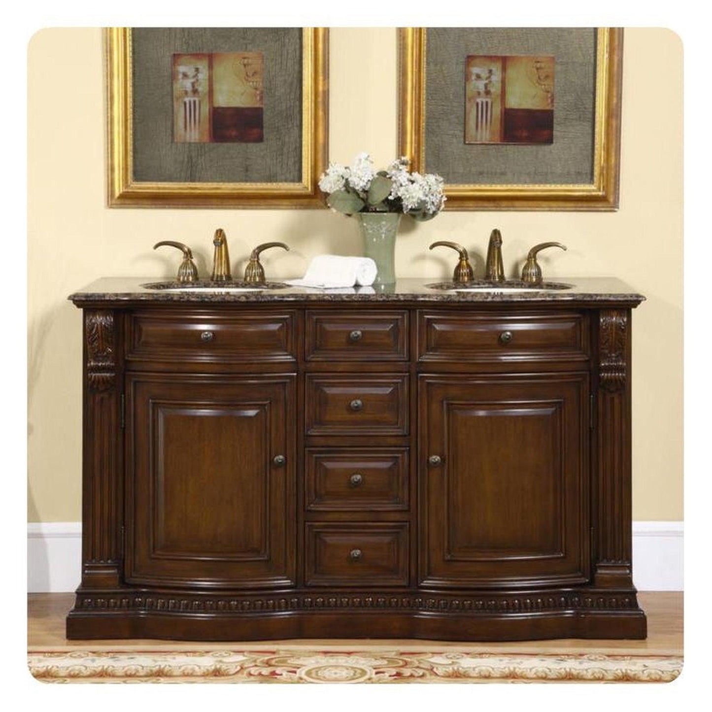 Silkroad Exclusive 60" Double Sink American Walnut Bathroom Vanity, Baltic Brown Granite Countertop, Ivory Ceramic Undermount Sink - HYP-0712-BB-UIC-60