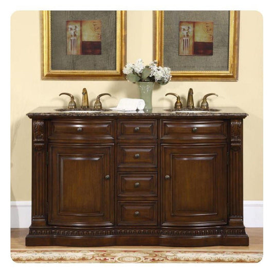 Silkroad Exclusive 60" Double Sink American Walnut Bathroom Vanity, Baltic Brown Granite Countertop, Ivory Ceramic Undermount Sink - HYP-0712-BB-UIC-60
