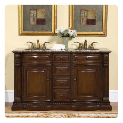 Silkroad Exclusive 60" Double Sink American Walnut Bathroom Vanity, Baltic Brown Granite Countertop, Ivory Ceramic Undermount Sink - HYP-0712-BB-UIC-60