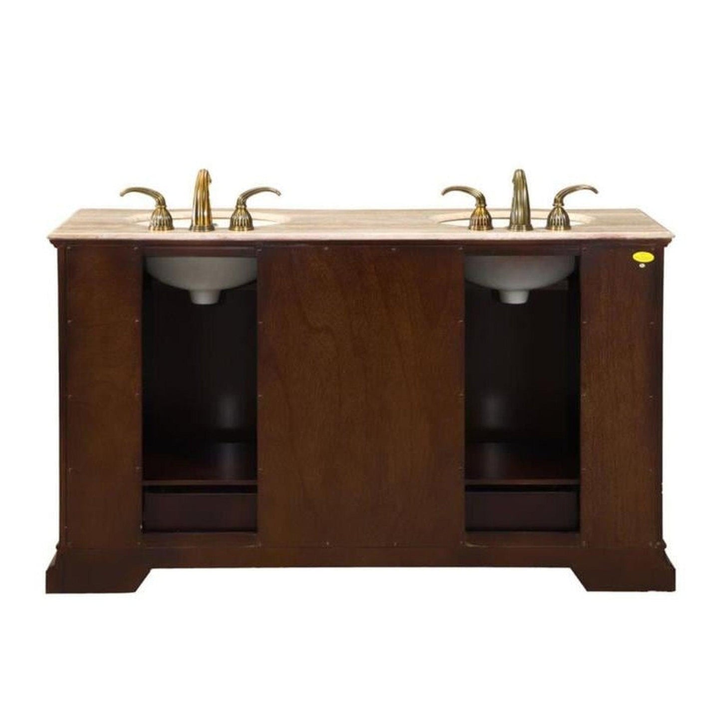 Silkroad Exclusive 60" Double Sink American Walnut Bathroom Vanity With Travertine Countertop and Ivory Ceramic Undermount Sink