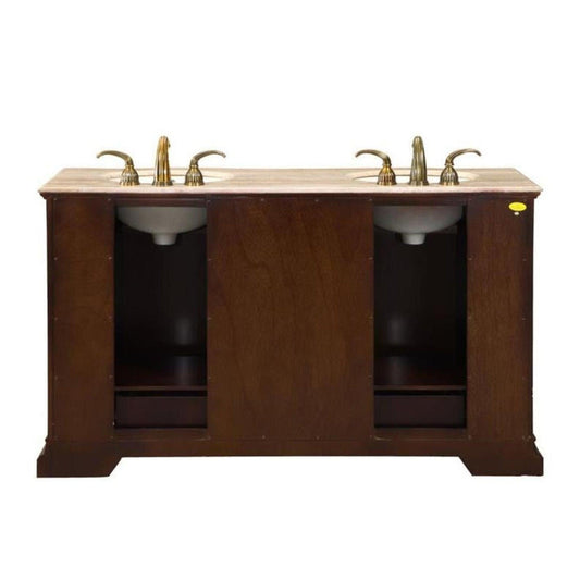 Silkroad Exclusive 60" Double Sink American Walnut Bathroom Vanity With Travertine Countertop and Ivory Ceramic Undermount Sink