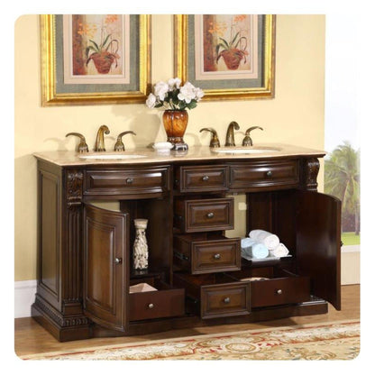 Silkroad Exclusive 60" Double Sink American Walnut Bathroom Vanity With Travertine Countertop and Ivory Ceramic Undermount Sink