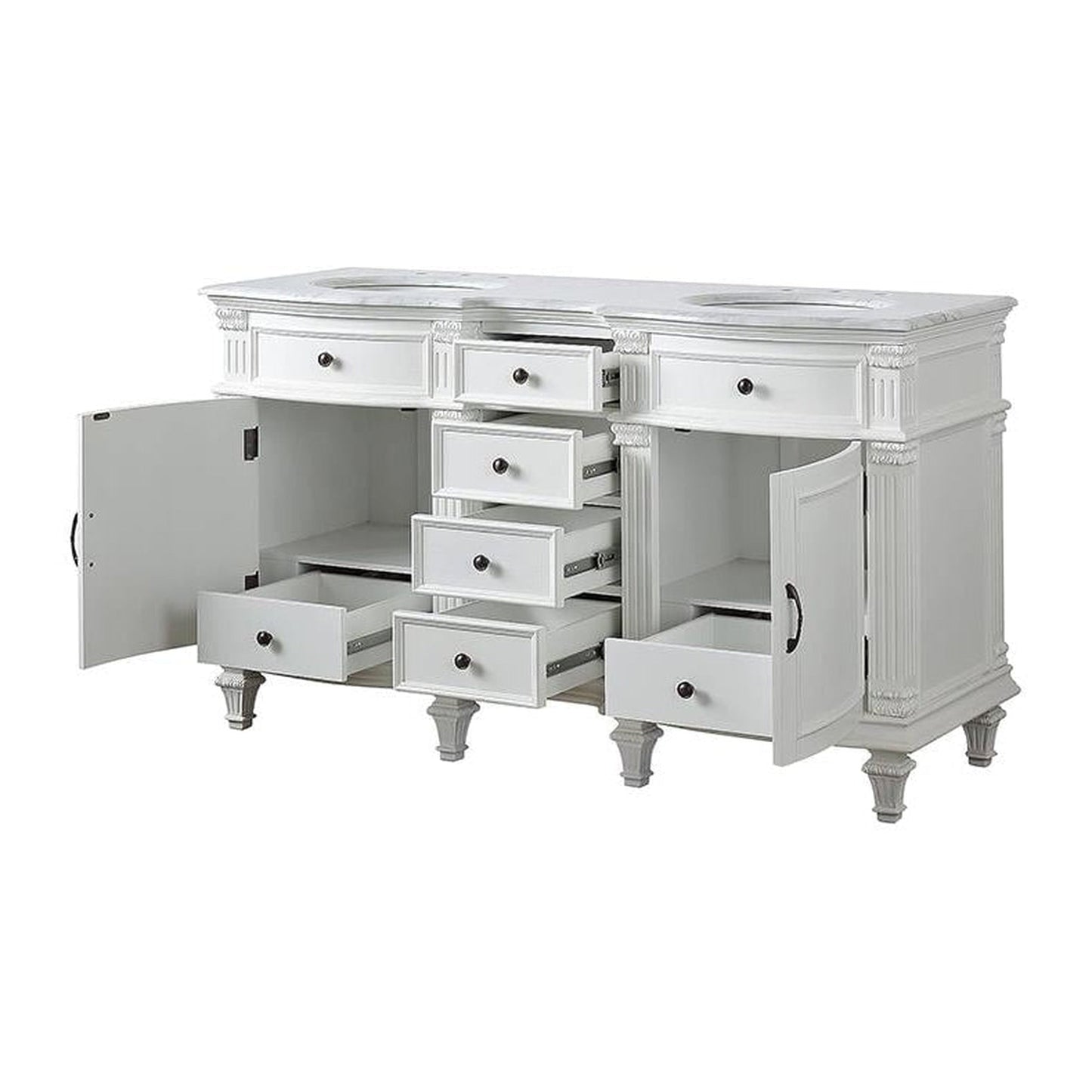 Silkroad Exclusive 60" Double Sink Antique White Bathroom Vanity With Carrara White Marble Countertop and White Ceramic Undermount Sink - V0313WW60D