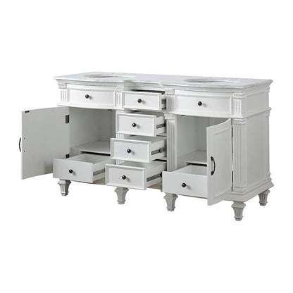 Silkroad Exclusive 60" Double Sink Antique White Bathroom Vanity With Carrara White Marble Countertop and White Ceramic Undermount Sink - V0313WW60D