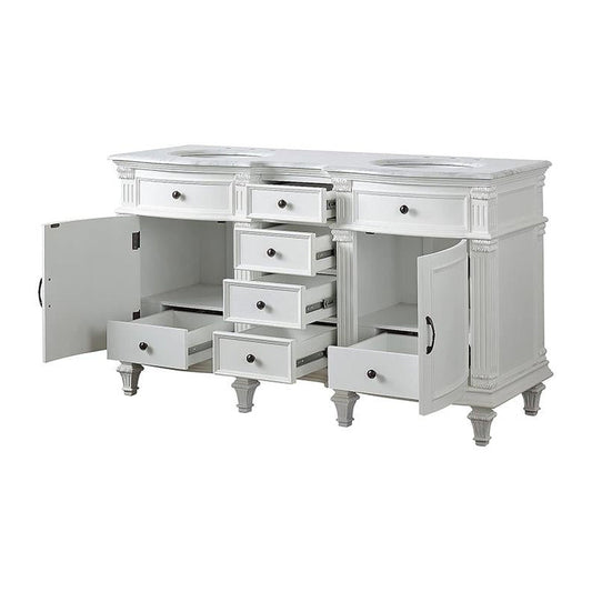 Silkroad Exclusive 60" Double Sink Antique White Bathroom Vanity With Carrara White Marble Countertop and White Ceramic Undermount Sink - V0313WW60D
