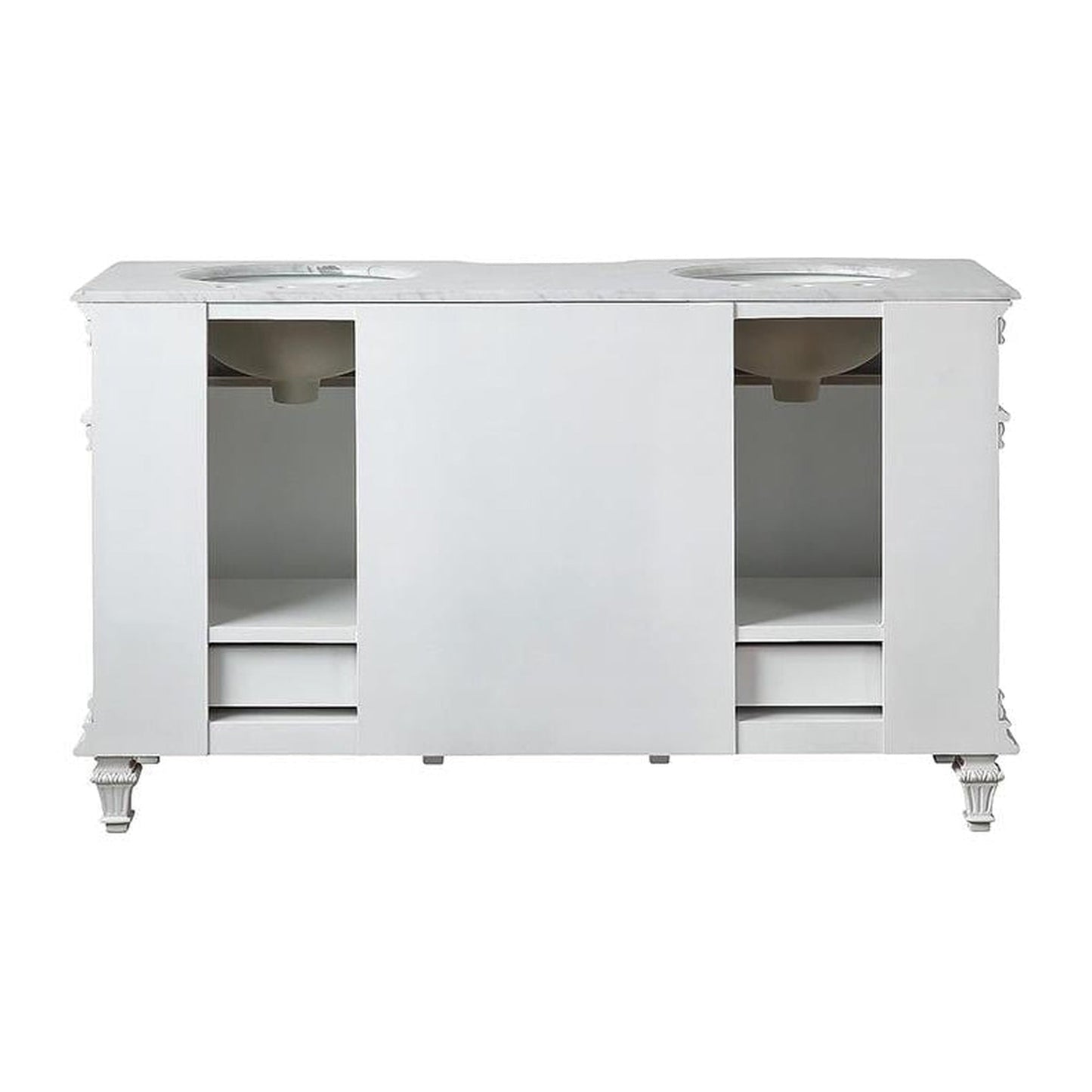 Silkroad Exclusive 60" Double Sink Antique White Bathroom Vanity With Carrara White Marble Countertop and White Ceramic Undermount Sink - V0313WW60D