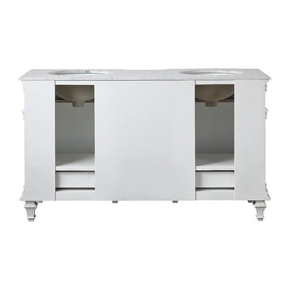 Silkroad Exclusive 60" Double Sink Antique White Bathroom Vanity With Carrara White Marble Countertop and White Ceramic Undermount Sink - V0313WW60D
