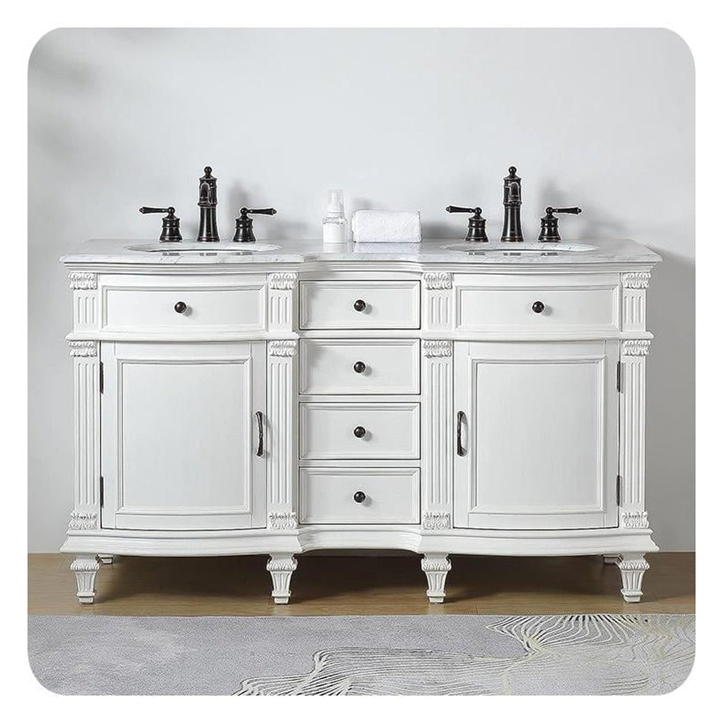 Silkroad Exclusive 60" Double Sink Antique White Bathroom Vanity With Carrara White Marble Countertop and White Ceramic Undermount Sink - V0313WW60D