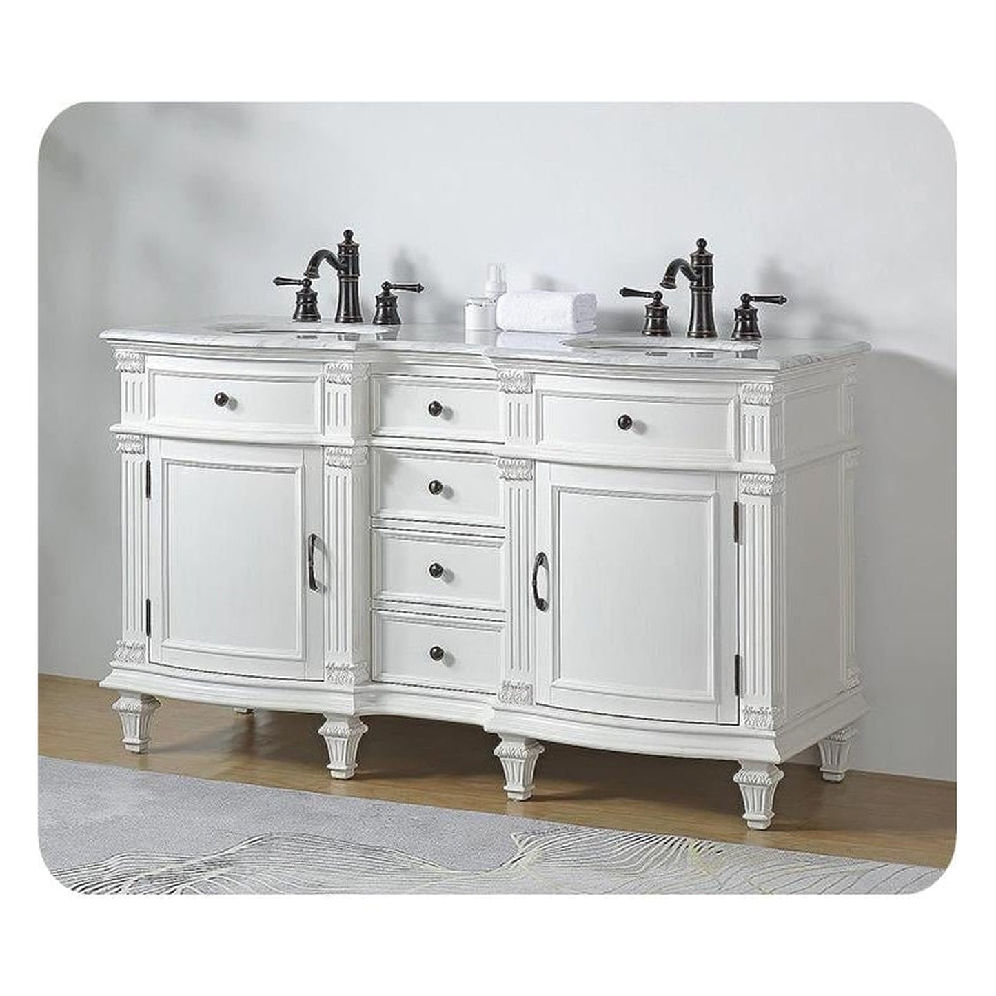 Silkroad Exclusive 60" Double Sink Antique White Bathroom Vanity With Carrara White Marble Countertop and White Ceramic Undermount Sink - V0313WW60D