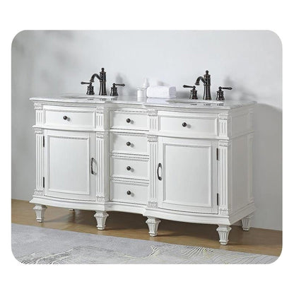 Silkroad Exclusive 60" Double Sink Antique White Bathroom Vanity With Carrara White Marble Countertop and White Ceramic Undermount Sink - V0313WW60D