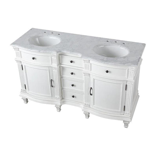 Silkroad Exclusive 60" Double Sink Antique White Bathroom Vanity With Carrara White Marble Countertop and White Ceramic Undermount Sink - V0313WW60D