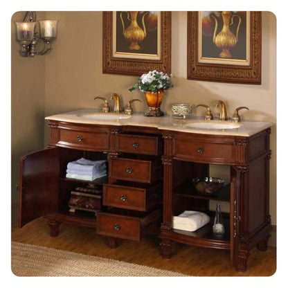 Silkroad Exclusive 60" Double Sink Brazilian Rosewood Bathroom Vanity With Travertine Countertop and Ivory Ceramic Undermount Sink - HYP-0722-T-UIC-60