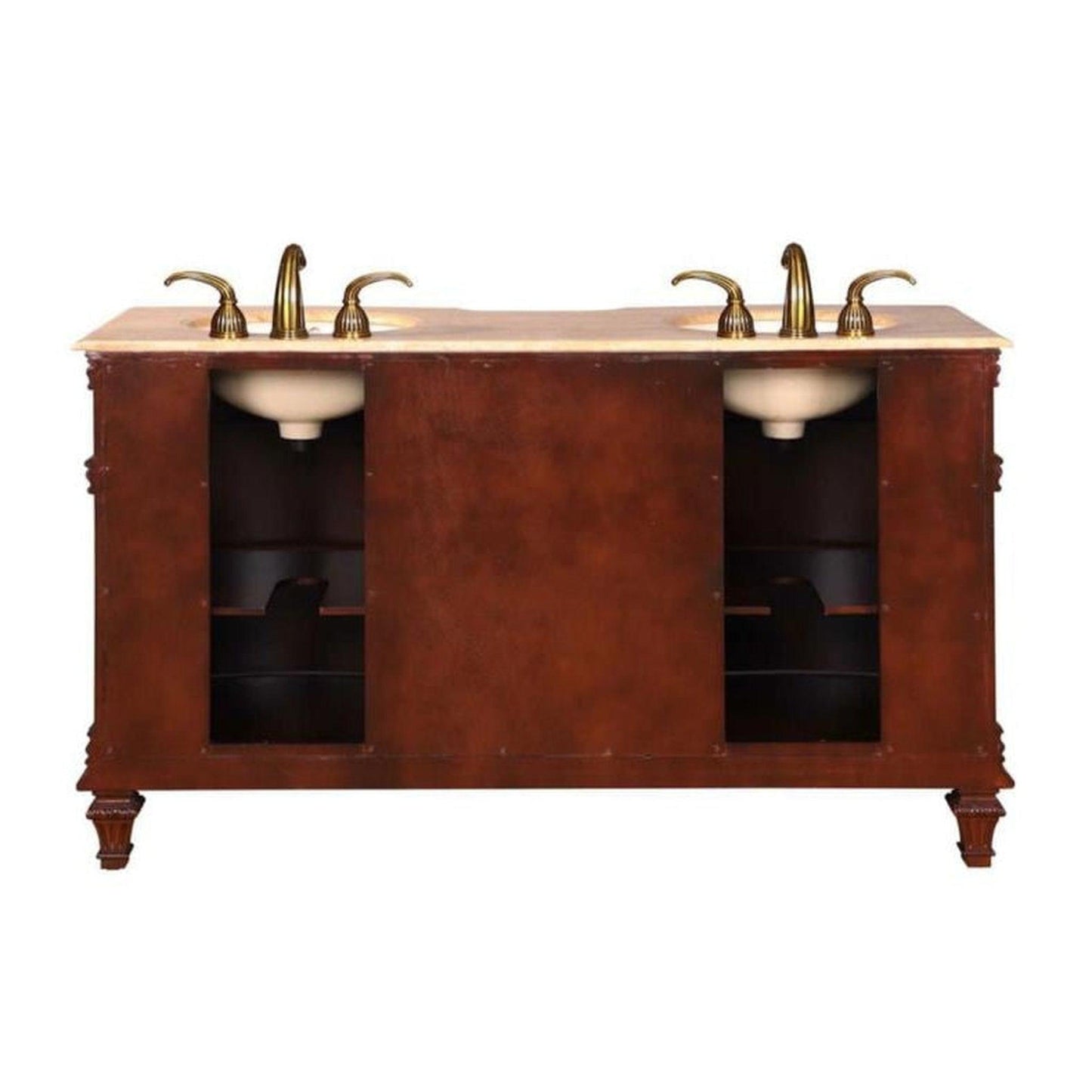 Silkroad Exclusive 60" Double Sink Brazilian Rosewood Bathroom Vanity With Travertine Countertop and Ivory Ceramic Undermount Sink - HYP-0722-T-UIC-60