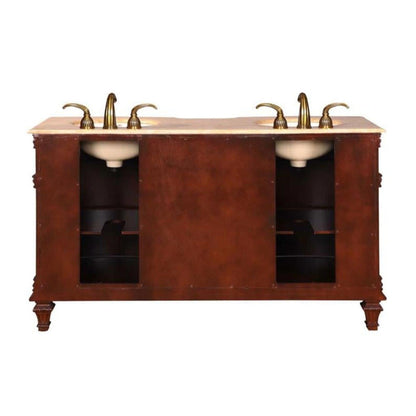 Silkroad Exclusive 60" Double Sink Brazilian Rosewood Bathroom Vanity With Travertine Countertop and Ivory Ceramic Undermount Sink - HYP-0722-T-UIC-60