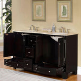 Silkroad Exclusive 60" Double Sink Dark Espresso Bathroom Vanity With Crema Marfil Marble Countertop and White Ceramic Undermount Sink -HYP-0703-CM-UWC-60