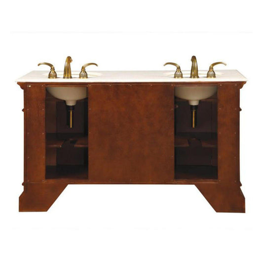 Silkroad Exclusive 60" Double Sink English Chestnut Bathroom Vanity With Crema Marfil Marble Countertop and Ivory Ceramic Undermount Sink - HYP-0209-CM-UIC-60