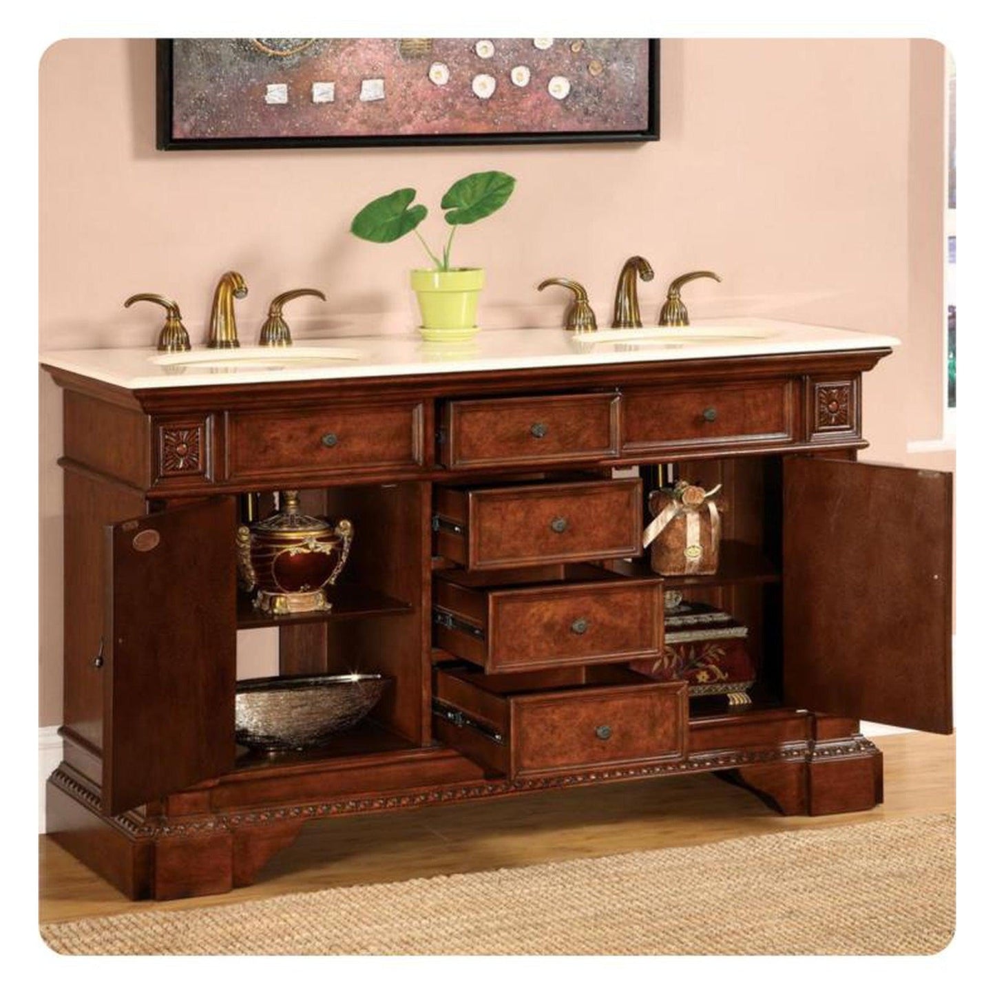 Silkroad Exclusive 60" Double Sink English Chestnut Bathroom Vanity With Crema Marfil Marble Countertop and Ivory Ceramic Undermount Sink - HYP-0209-CM-UIC-60