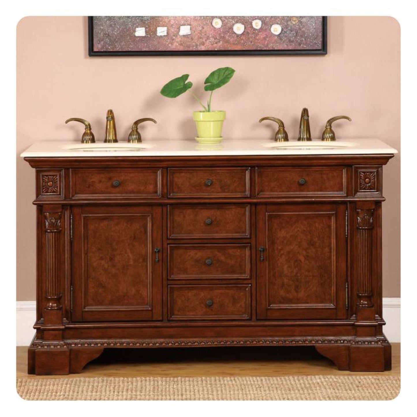 Silkroad Exclusive 60" Double Sink English Chestnut Bathroom Vanity With Crema Marfil Marble Countertop and Ivory Ceramic Undermount Sink - HYP-0209-CM-UIC-60