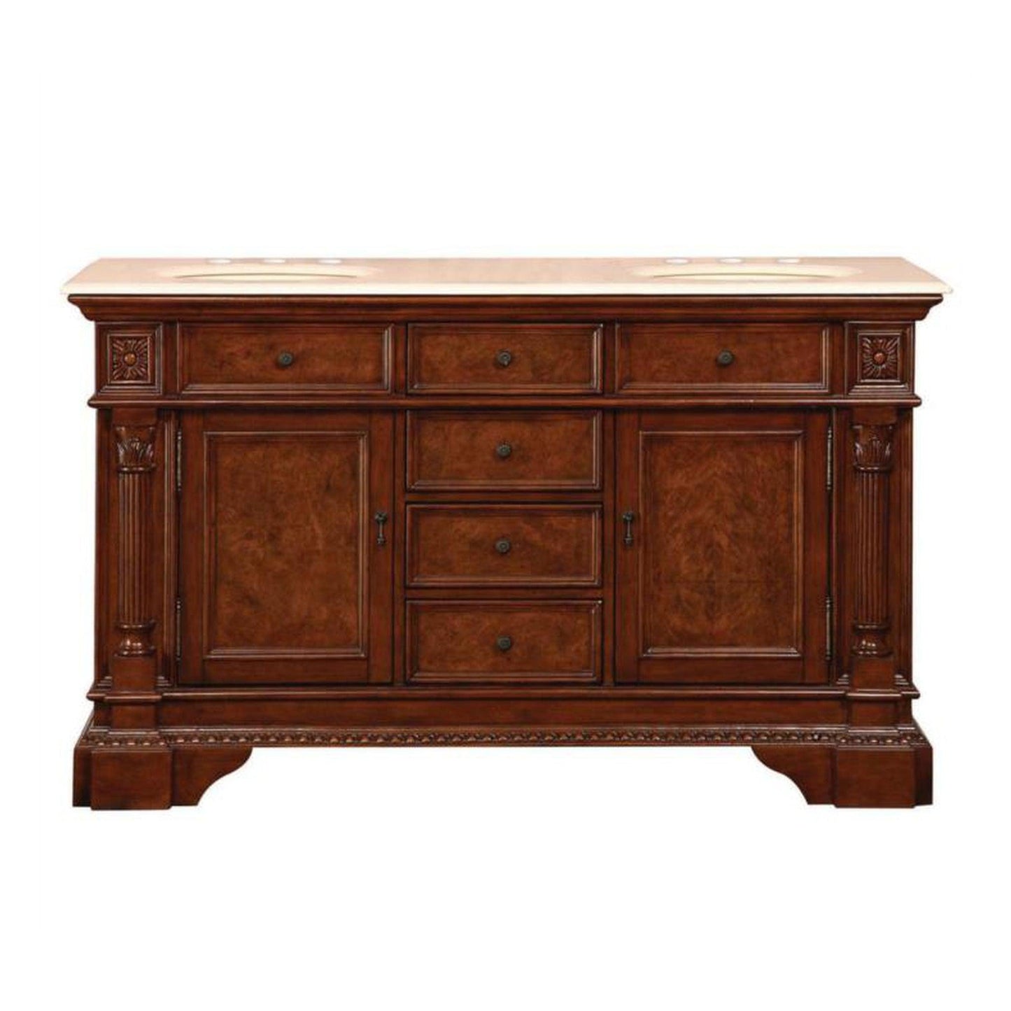 Silkroad Exclusive 60" Double Sink English Chestnut Bathroom Vanity With Crema Marfil Marble Countertop and Ivory Ceramic Undermount Sink - HYP-0209-CM-UIC-60