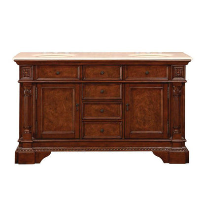 Silkroad Exclusive 60" Double Sink English Chestnut Bathroom Vanity With Crema Marfil Marble Countertop and Ivory Ceramic Undermount Sink - HYP-0209-CM-UIC-60