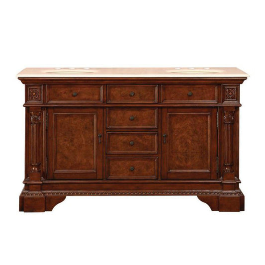 Silkroad Exclusive 60" Double Sink English Chestnut Bathroom Vanity With Crema Marfil Marble Countertop and Ivory Ceramic Undermount Sink - HYP-0209-CM-UIC-60