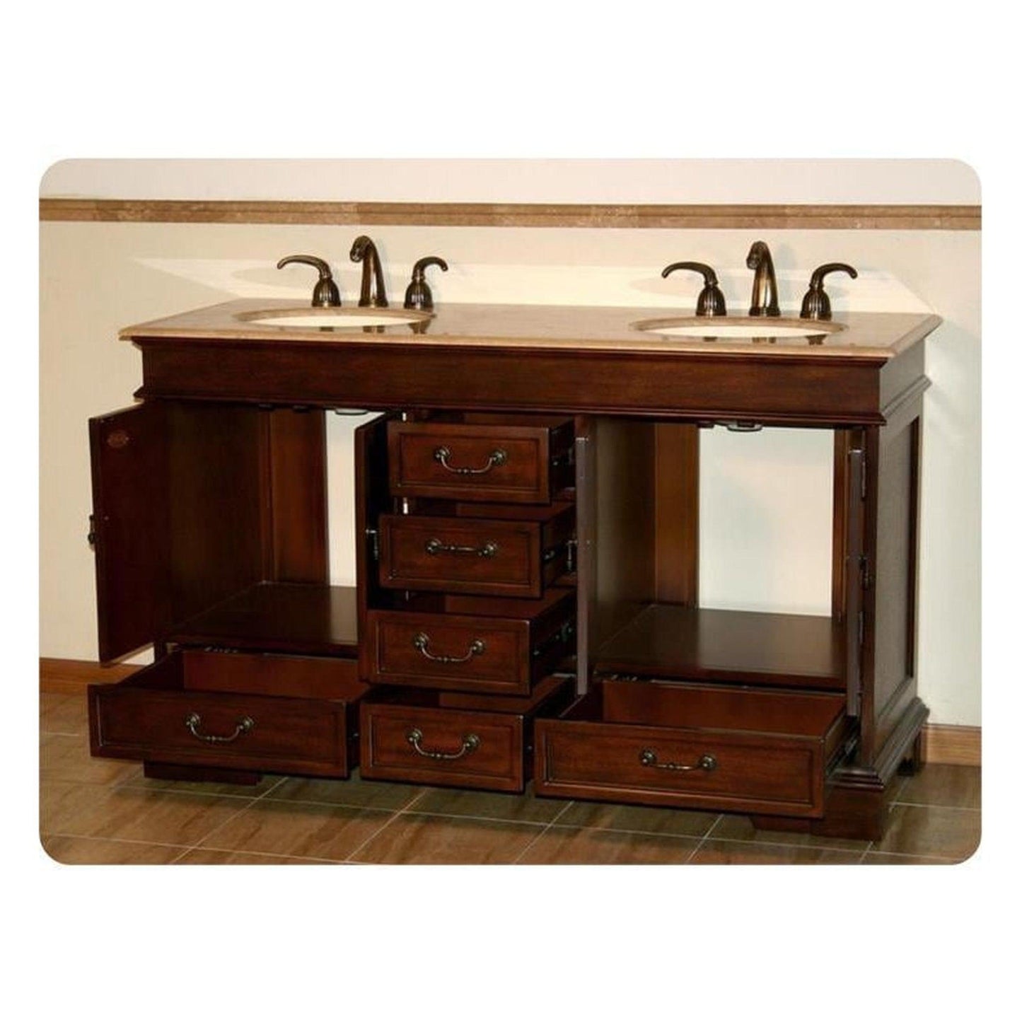 Silkroad Exclusive 60" Double Sink Red Chestnut Bathroom Vanity With Travertine Countertop and Ivory Ceramic Undermount Sink - HYP-0715-T-UIC-60