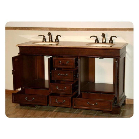 Silkroad Exclusive 60" Double Sink Red Chestnut Bathroom Vanity With Travertine Countertop and Ivory Ceramic Undermount Sink - HYP-0715-T-UIC-60