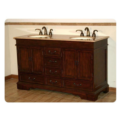 Silkroad Exclusive 60" Double Sink Red Chestnut Bathroom Vanity With Travertine Countertop and Ivory Ceramic Undermount Sink - HYP-0715-T-UIC-60