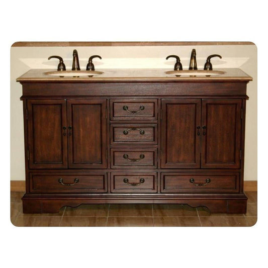 Silkroad Exclusive 60" Double Sink Red Chestnut Bathroom Vanity With Travertine Countertop and Ivory Ceramic Undermount Sink - HYP-0715-T-UIC-60