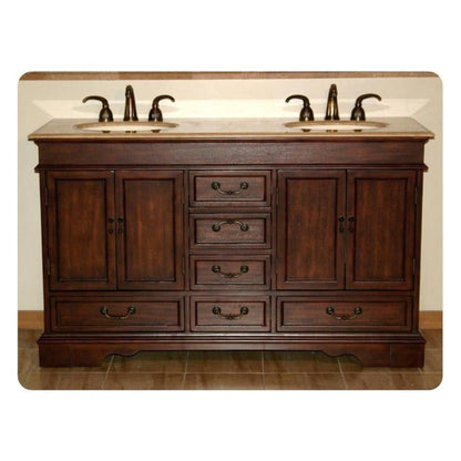 Silkroad Exclusive 60" Double Sink Red Chestnut Bathroom Vanity With Travertine Countertop and Ivory Ceramic Undermount Sink - HYP-0715-T-UIC-60