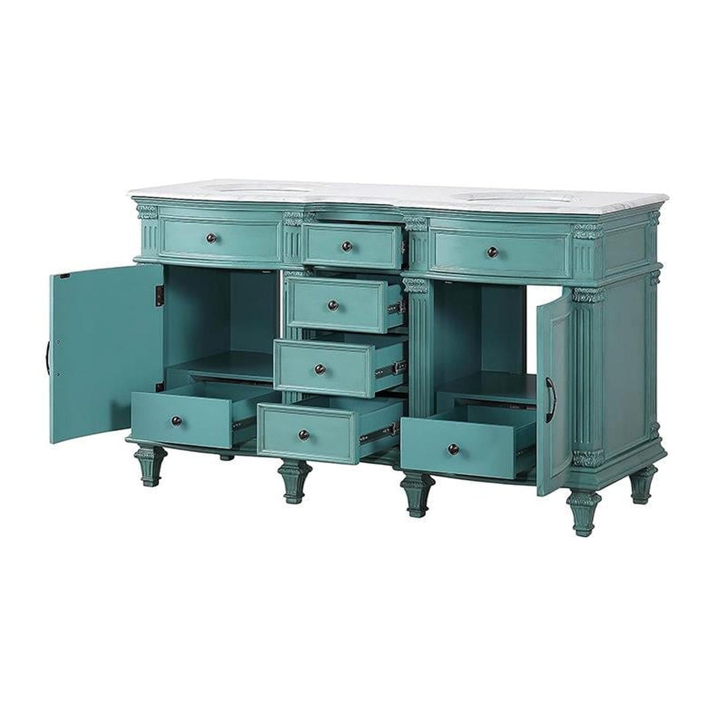 Silkroad Exclusive 60" Double Sink Retro Green Bathroom Vanity With Carrara White Marble Countertop and White Ceramic Undermount Sink -V0313NW60D