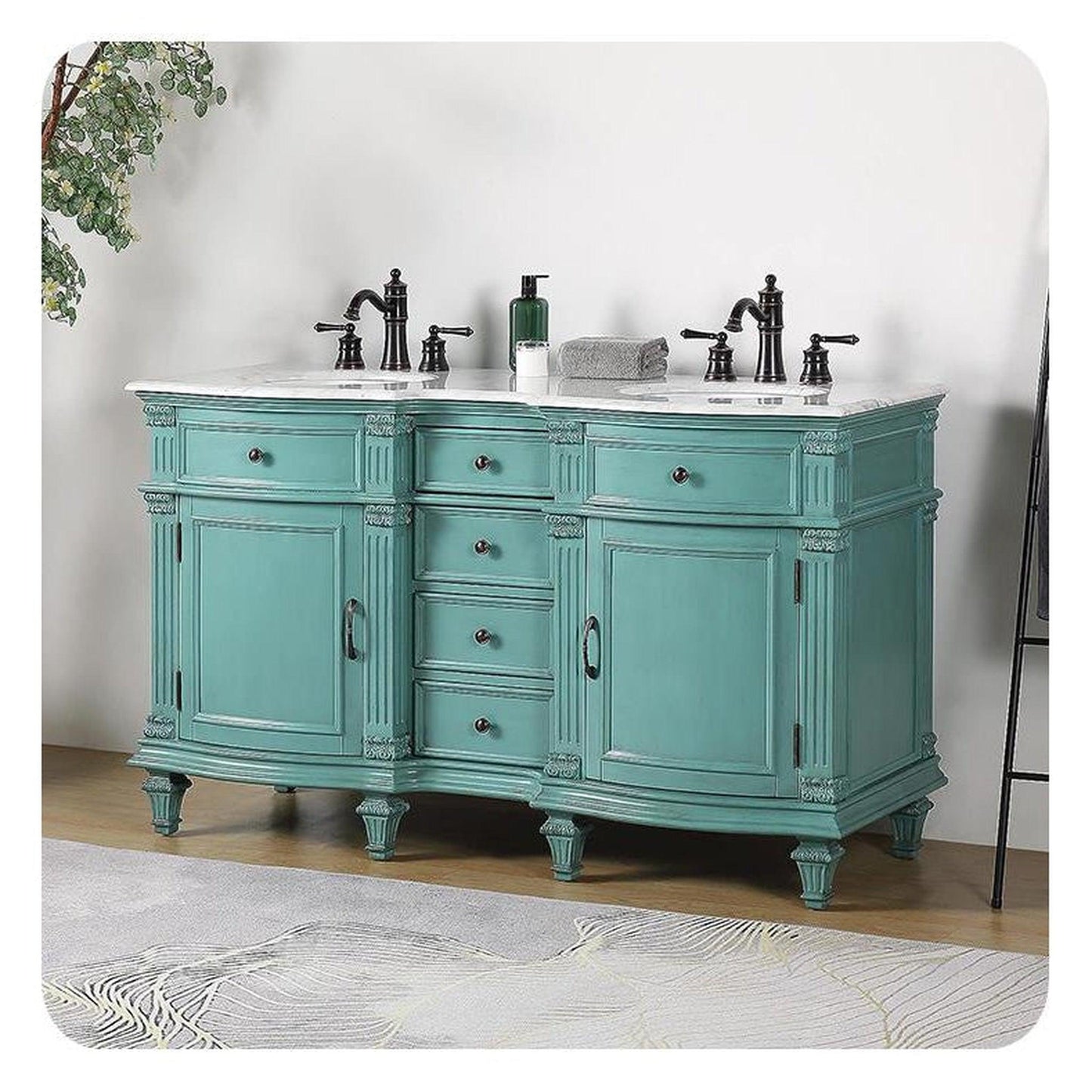 Silkroad Exclusive 60" Double Sink Retro Green Bathroom Vanity With Carrara White Marble Countertop and White Ceramic Undermount Sink -V0313NW60D