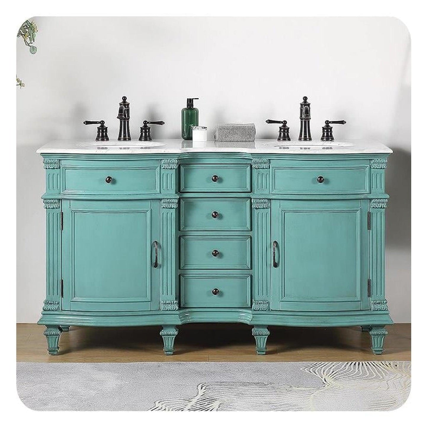 Silkroad Exclusive 60" Double Sink Retro Green Bathroom Vanity With Carrara White Marble Countertop and White Ceramic Undermount Sink -V0313NW60D