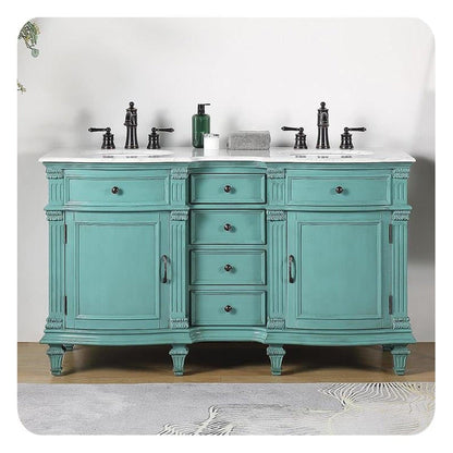 Silkroad Exclusive 60" Double Sink Retro Green Bathroom Vanity With Carrara White Marble Countertop and White Ceramic Undermount Sink -V0313NW60D