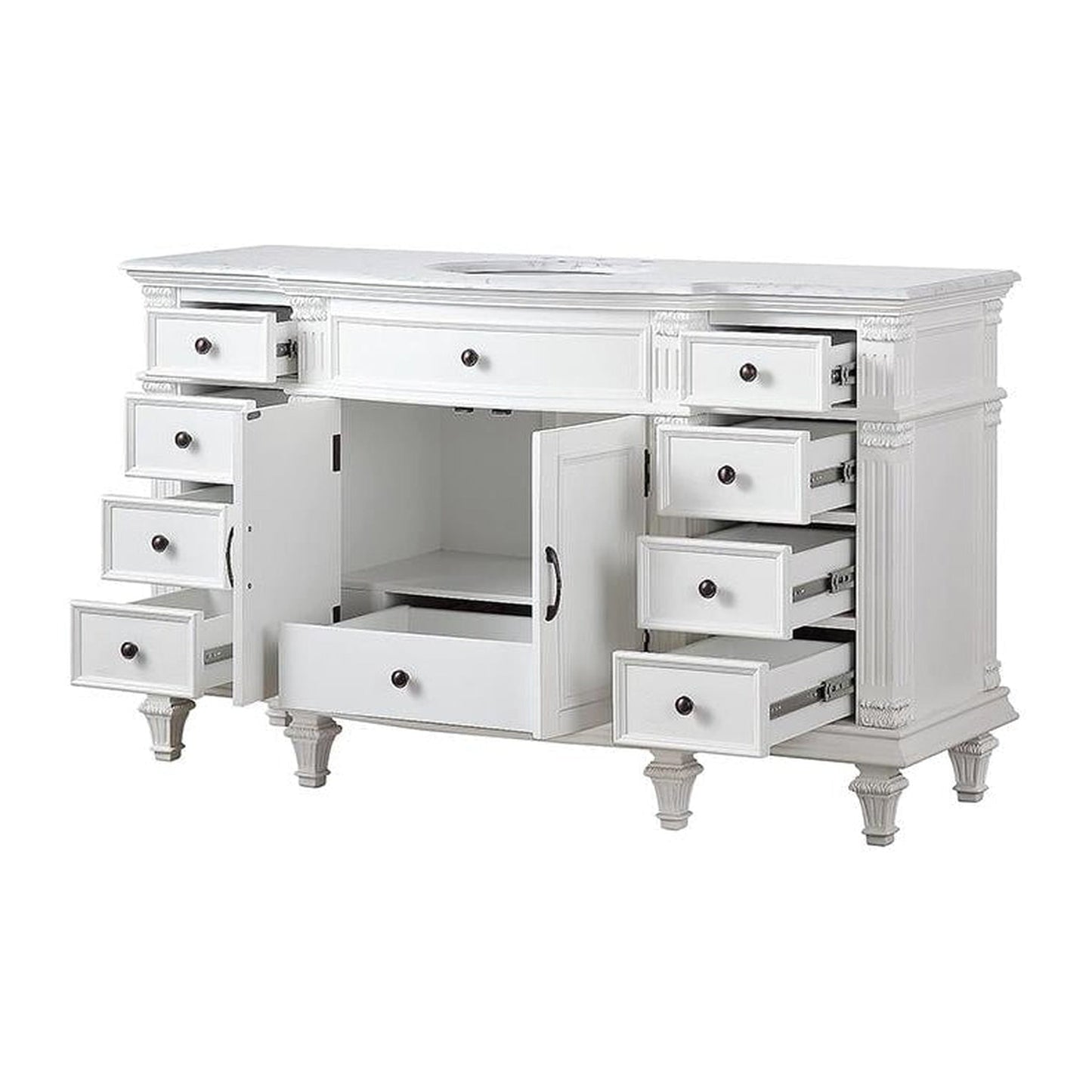 Silkroad Exclusive 60" Single Sink Antique White Bathroom Vanity With Carrara White Marble Countertop and White Ceramic Undermount Sink - V0277WW60C