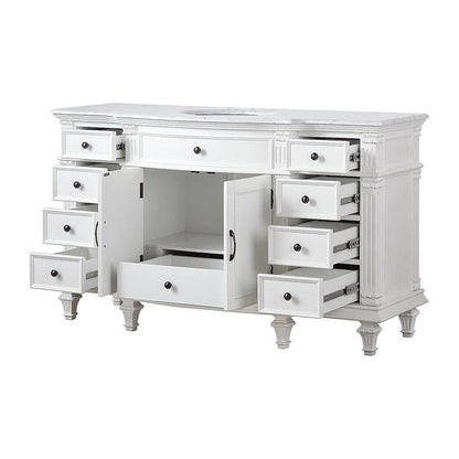 Silkroad Exclusive 60" Single Sink Antique White Bathroom Vanity With Carrara White Marble Countertop and White Ceramic Undermount Sink - V0277WW60C
