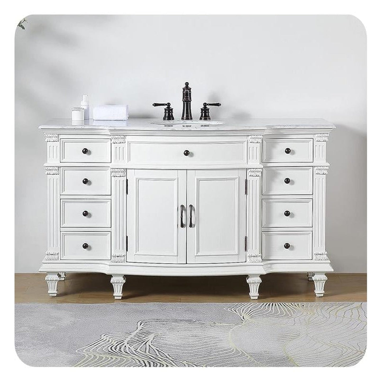 Silkroad Exclusive 60" Single Sink Antique White Bathroom Vanity With Carrara White Marble Countertop and White Ceramic Undermount Sink - V0277WW60C