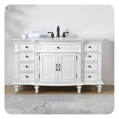 Silkroad Exclusive 60" Single Sink Antique White Bathroom Vanity With Carrara White Marble Countertop and White Ceramic Undermount Sink - V0277WW60C