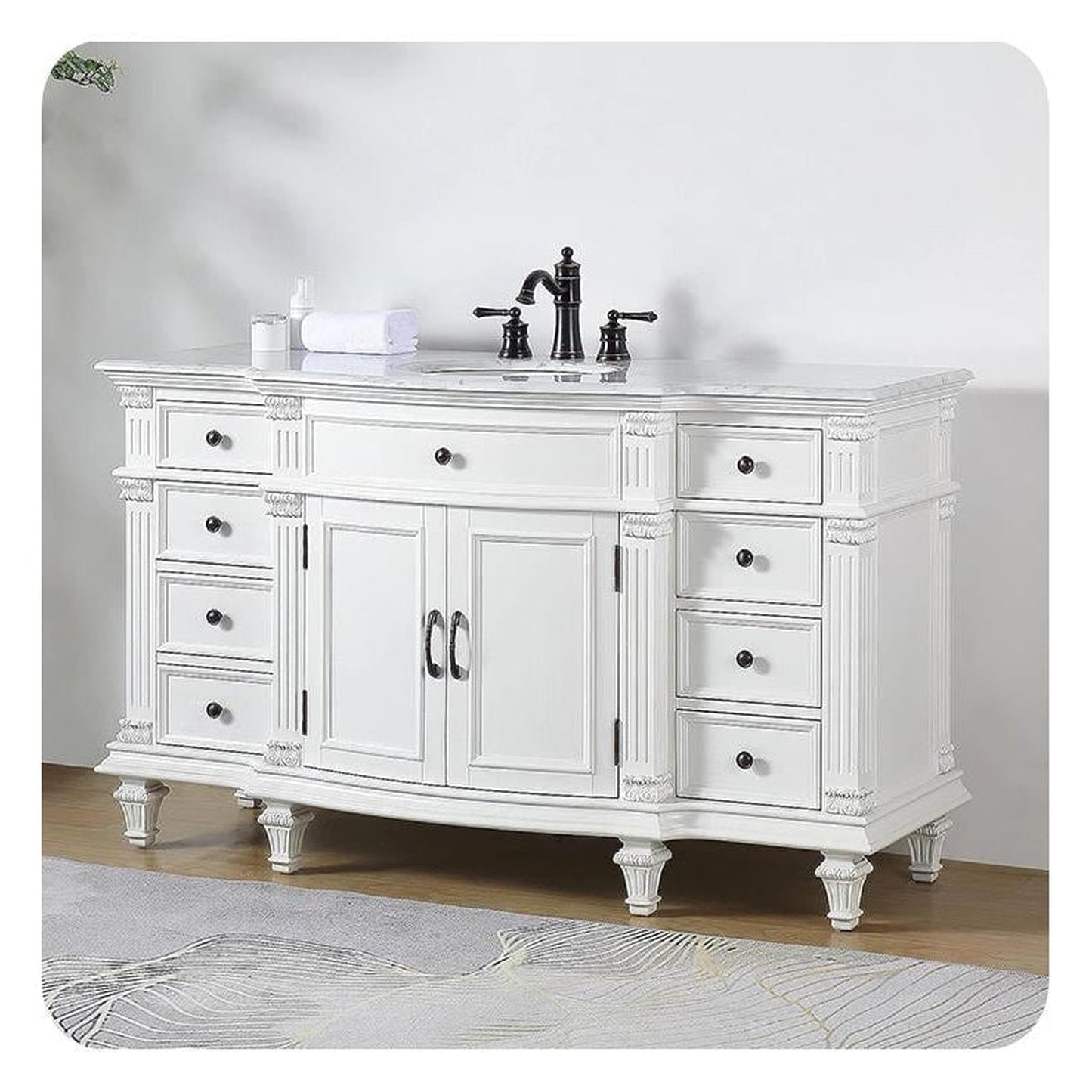 Silkroad Exclusive 60" Single Sink Antique White Bathroom Vanity With Carrara White Marble Countertop and White Ceramic Undermount Sink - V0277WW60C