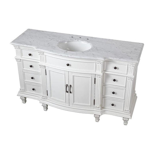 Silkroad Exclusive 60" Single Sink Antique White Bathroom Vanity With Carrara White Marble Countertop and White Ceramic Undermount Sink - V0277WW60C
